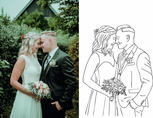 Preview: Brautpaar Holzschild mit personalisierter Zeichnung & 3D-Schriftzug – Hochzeitsgeschenk aus Eschenholz